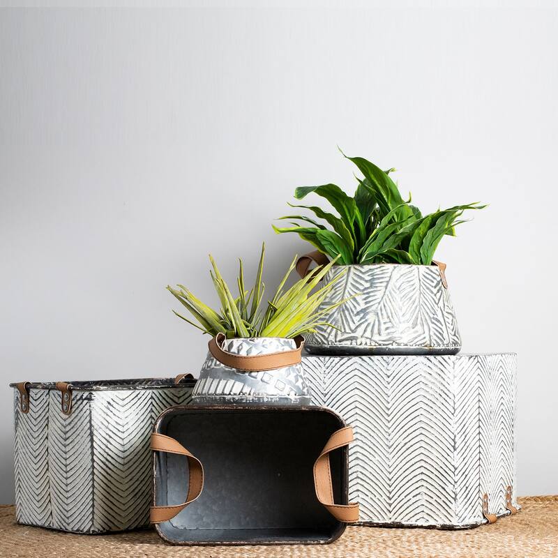 Foreside Home & Garden Set of 2 Rustic Whitewashed Pattern Galvanized Metal Decorative Storage Baskets With Faux Leather Handles