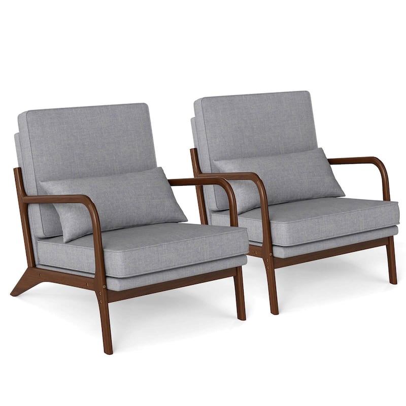 Modern Accent Chair Upholstered Armchair w/ Pillow & Wood Frame - Grey - 2-Piece