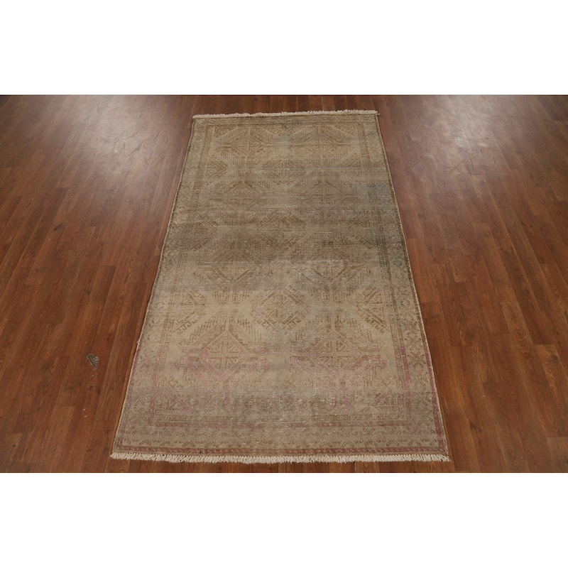 Gold Beige Geometric Balouch Persian Area Rug Handmade Wool Carpet - 3'8" x 6'6"