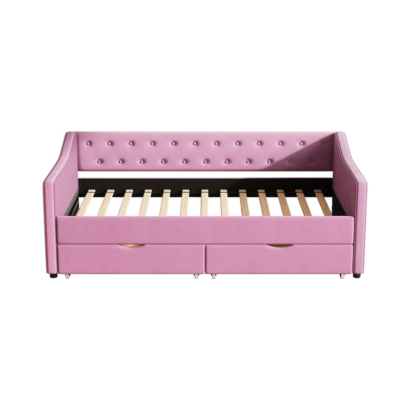 Twin Size Daybed With Drawers Upholstered Tufted Sofa Bed, With Button On Back And Piping On Waved Shape Arms