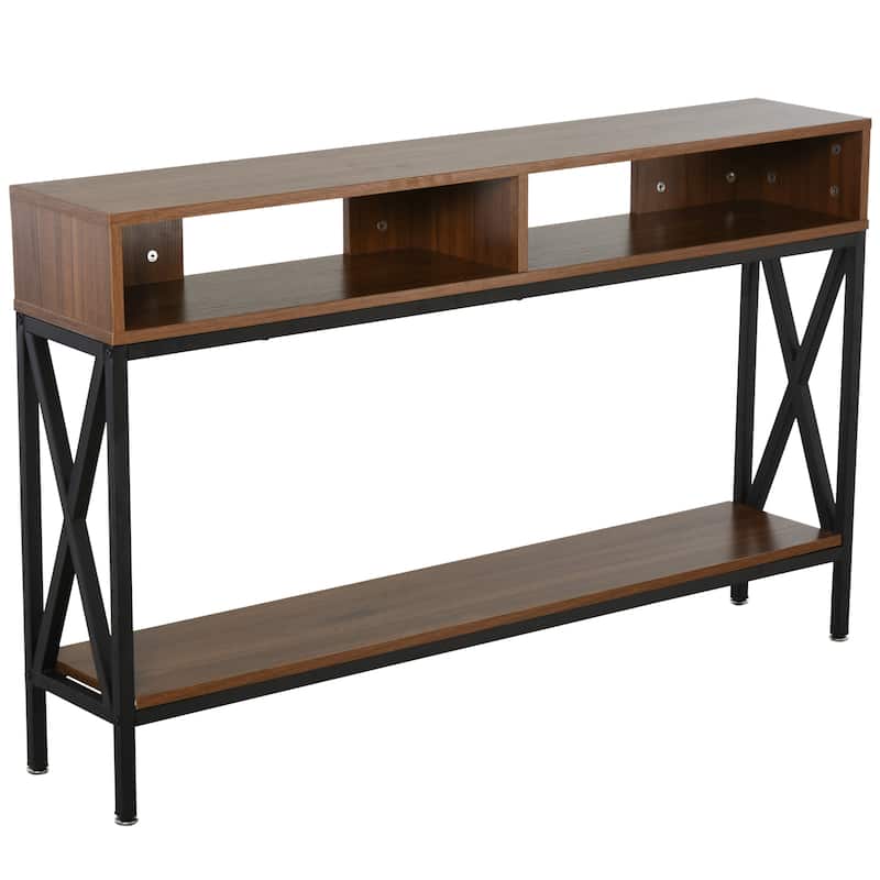 HOMCOM Industrial Style Entryway Console Table Desk with Shelf for Living Room, or Bedroom, Walnut Wood Grain