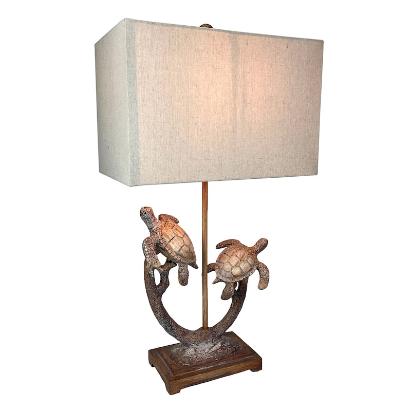 Set Of 2 Double Sea Turtle Table Lamps Coastal Nautical Resin 27.75" W/Shades - 27.75 X 15 X 9 inches