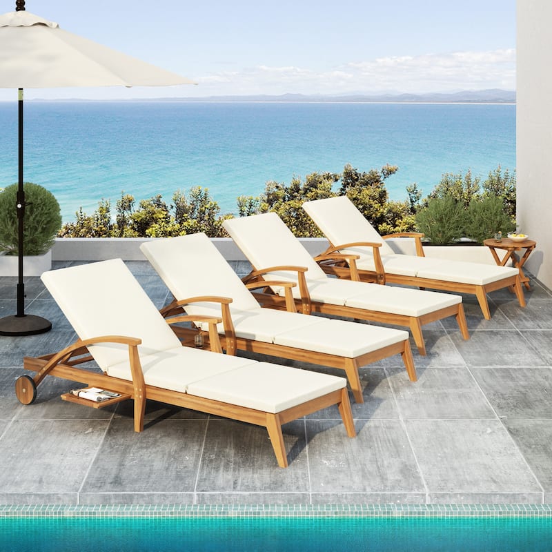 Wood Outdoor Chaise Lounge Chair with Wheels and Cushion, Adjustable Backrest for Patio Garden Poolside