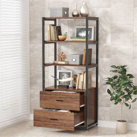 Bookcase with 2 Drawers and 4-Tier Shelves, Display Storage Shelves