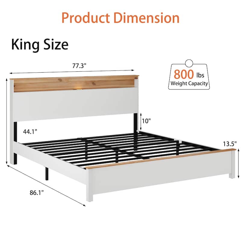 Classic White Low Profile Bed Rustic Farmhouse Platform Bed Frame with Storage Headboard Built-in Charging Station, Touch Light