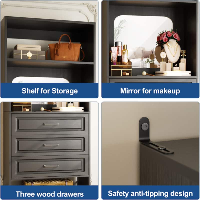 Cimly 25'' Freestanding Closet System with Drawers and Mirror, Display Shelves Organizer with Shelving