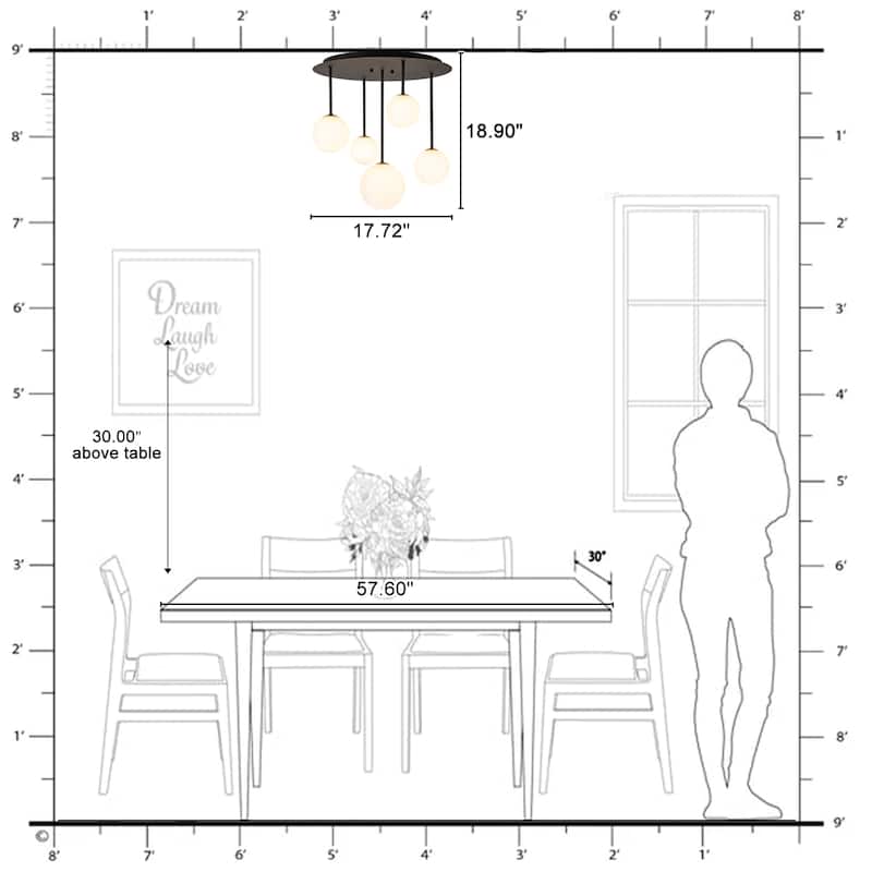 5 Light Branch Semi-Flush Mount Lighting with Milky White Glass Globes