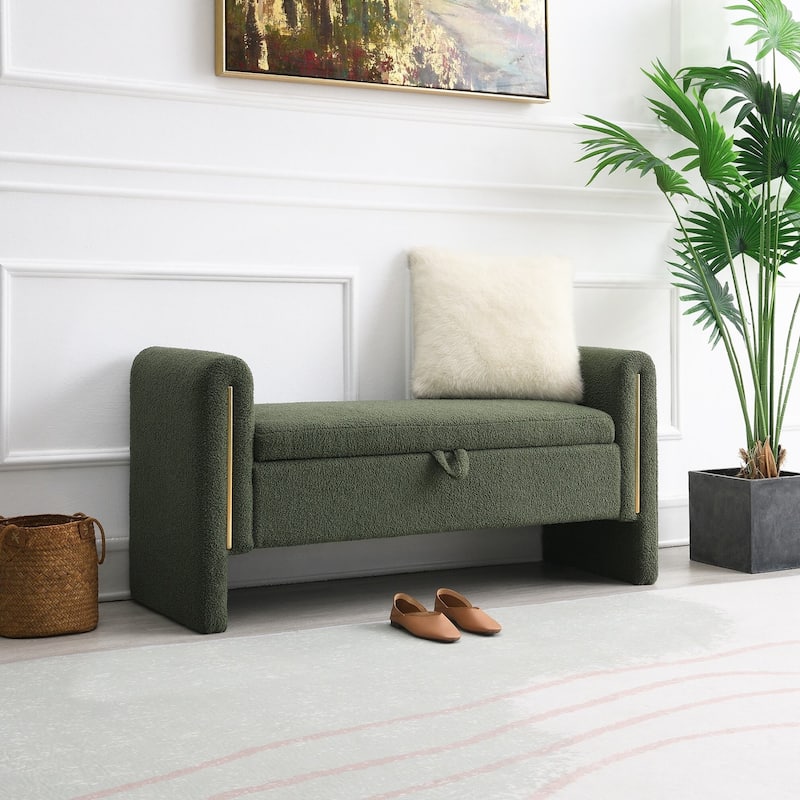 Bench with Arms and Storage,Upholstered Large Foot Rest Stool, Comfy Window Vanity Bench for Living Room,Bedroom,Dorm - Green