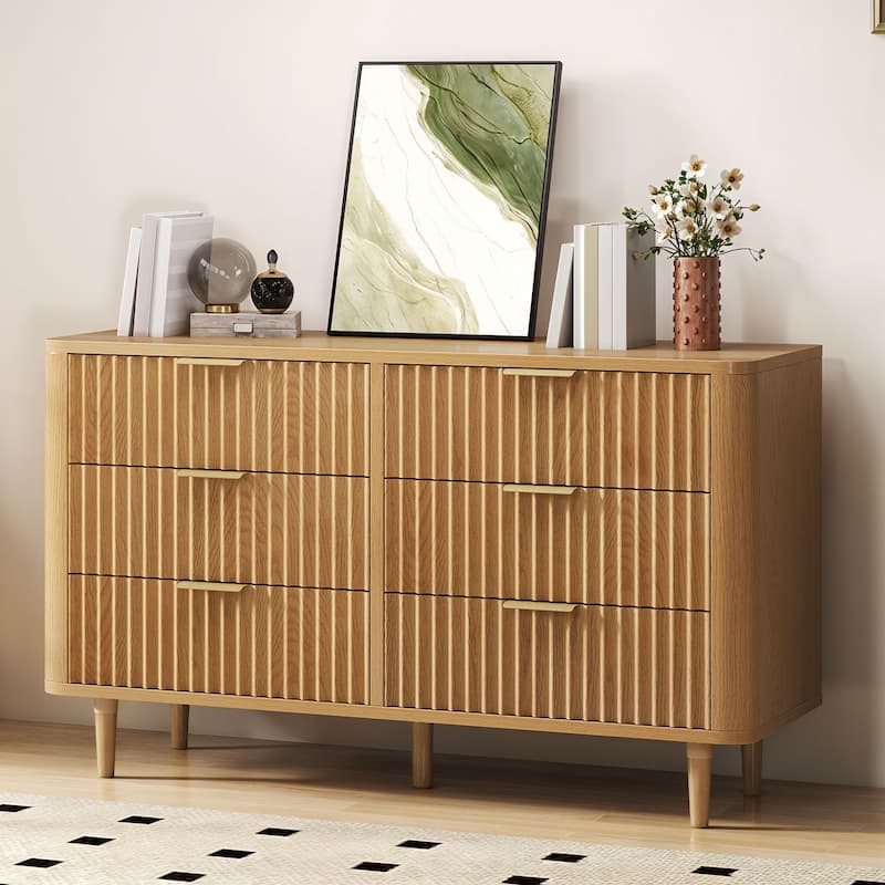 6 Drawer Wood Dresser with Wave Fluted Panel Storage Organizer for Bedroom - Brown