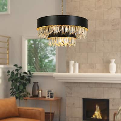 Modern Black Gold 18-Light 2-Tier Drum Crystal Chandelier for Dining Living Room Hallway - 31.5" Dia. x 18.3" H