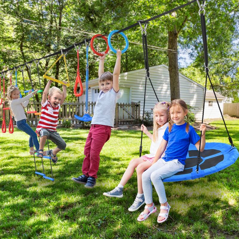 Ninja Warrior Obstacle Course for Kids with Swing, Tree Slackline Jungle Gym Outdoor - Blue