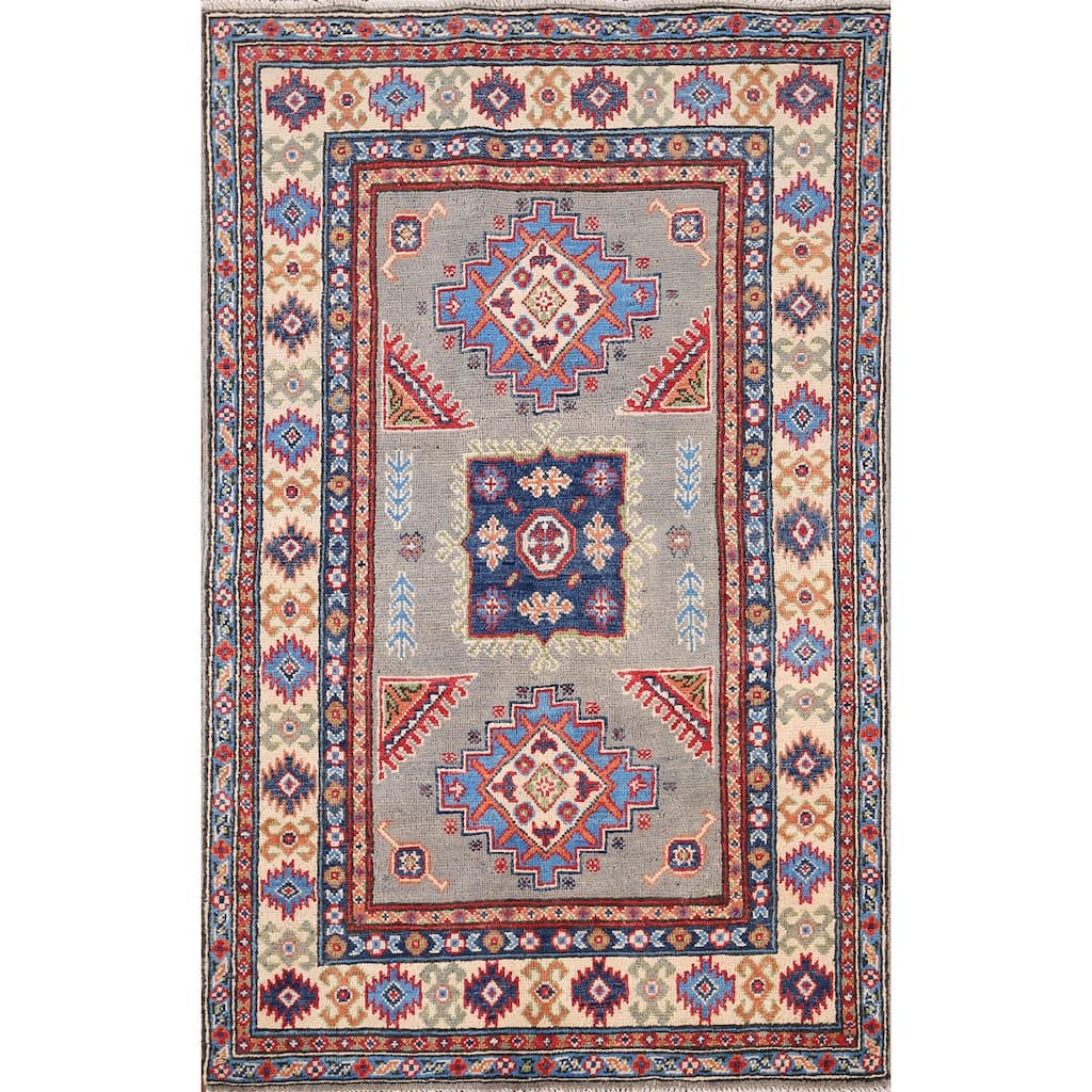 Geometric Kazak Accent Rug Hand-Knotted Traditional Wool Carpet - 3'2" x 5'0"