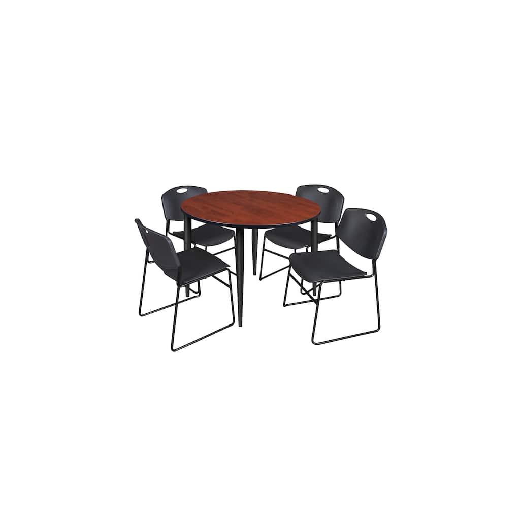 48 in. Round Breakroom Table- Cherry Top, Black Base & 4 Stack Chairs- Black