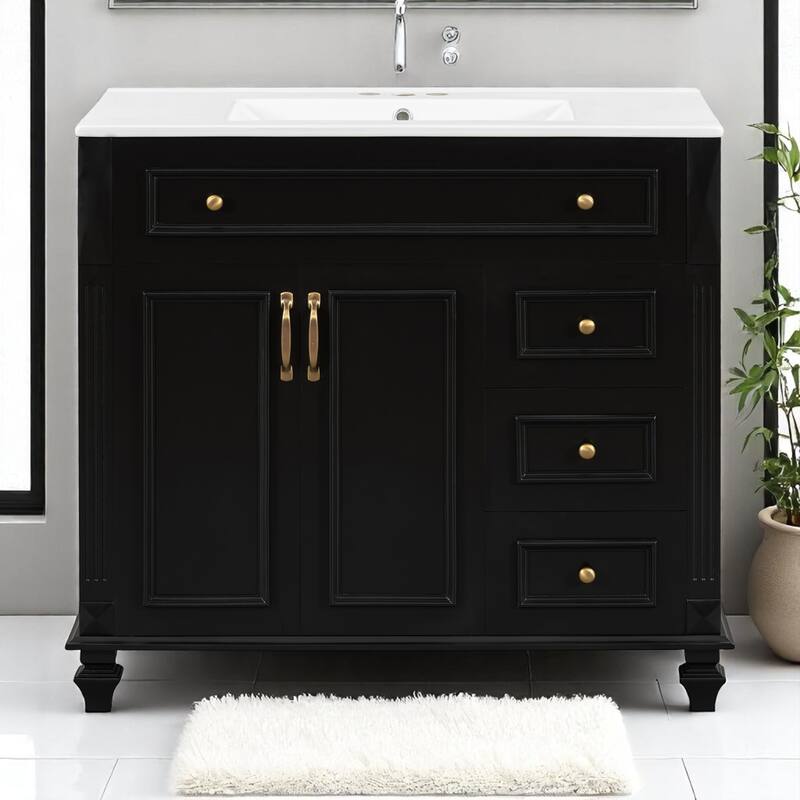 36" Bathroom Vanity with Sink, Freestanding White Cabinet with Gold Hardware, Ceramic Top, Flip Drawer, Soft-Close Doors - Black - 36" Solid Wood+MDF
