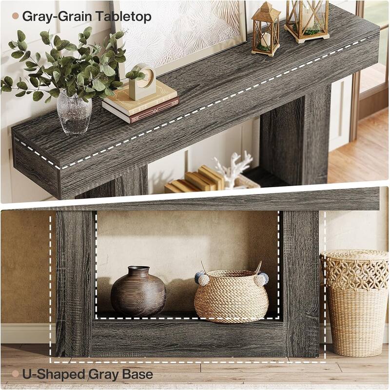 63 Inches Brown/ Gray Wood Console Table, Farmhouse Entryway Table for Hallway