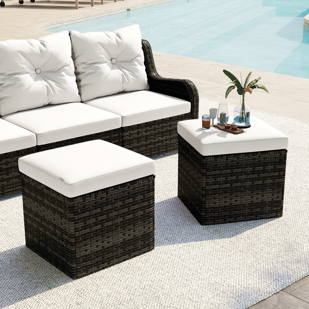 2 Set 17.7" W Outdoor Rattan Patio Square Ottoman with Cushion