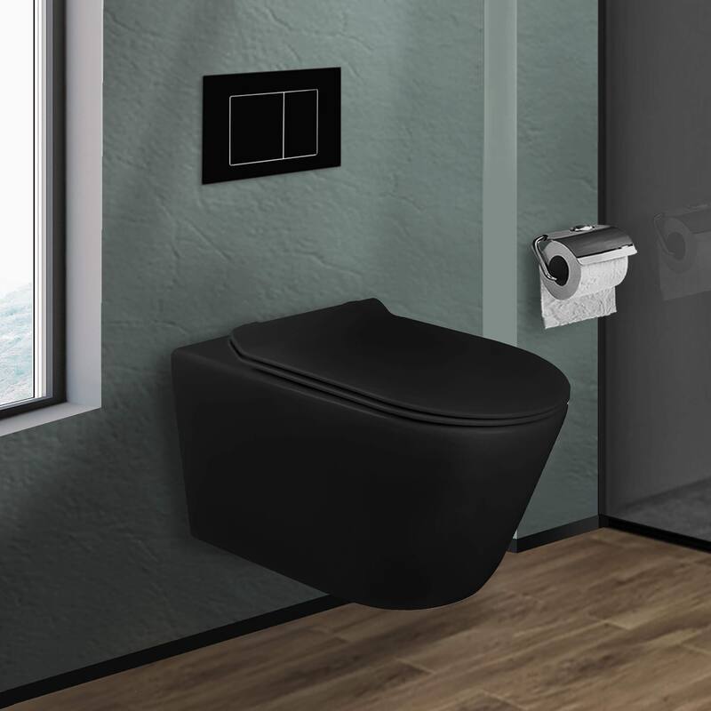 In-Wall toilet Combo Set - Toilet, Tank (2 x 4 Wall), Carrier System - Black Square - Push Plates (Plastic) - Black Bowl