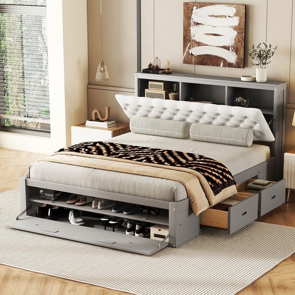 Grey Simple Natural Queen Size Platform Bed with Storage Upholstery Headboard Solid Wood Bed Frame with Shoe Rack 4 Drawers