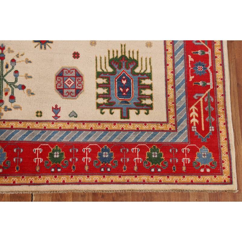 Geometric Beige / Ivory Kazak Area Rug Handmade Wool Carpet - 6'7" x 9'7"