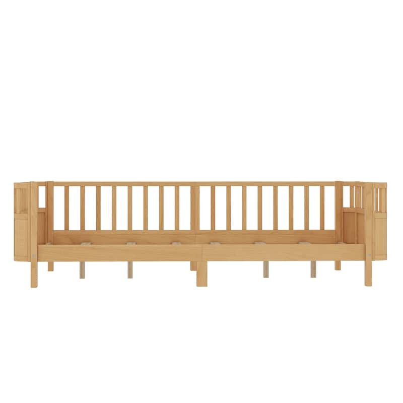 Multi Size Low Platform Bed for Kids with Rounded Corners Guardrails, Detachable Right-side Fence and Open Left-side Design