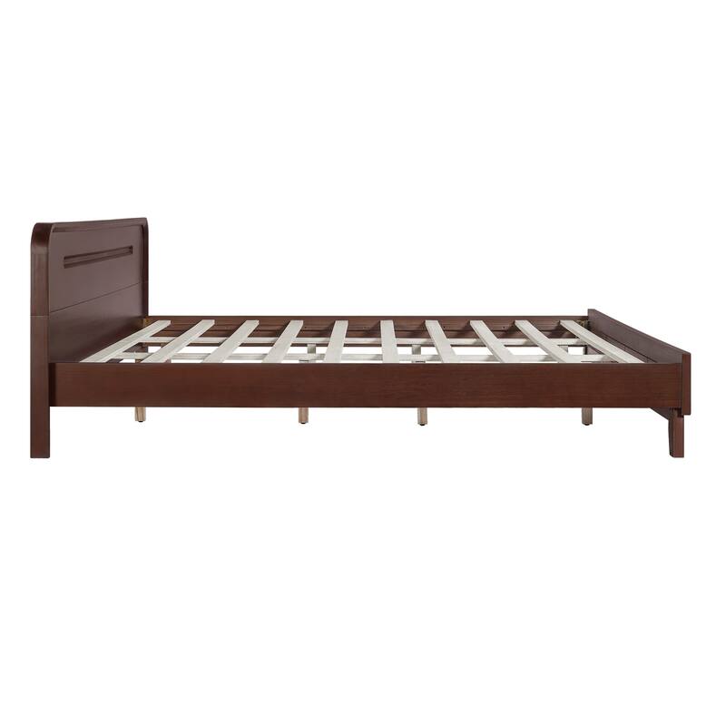 Pine Solid Wood Platform Bed with Headboard, Mid Century Bed Frame with Wood Slat Support