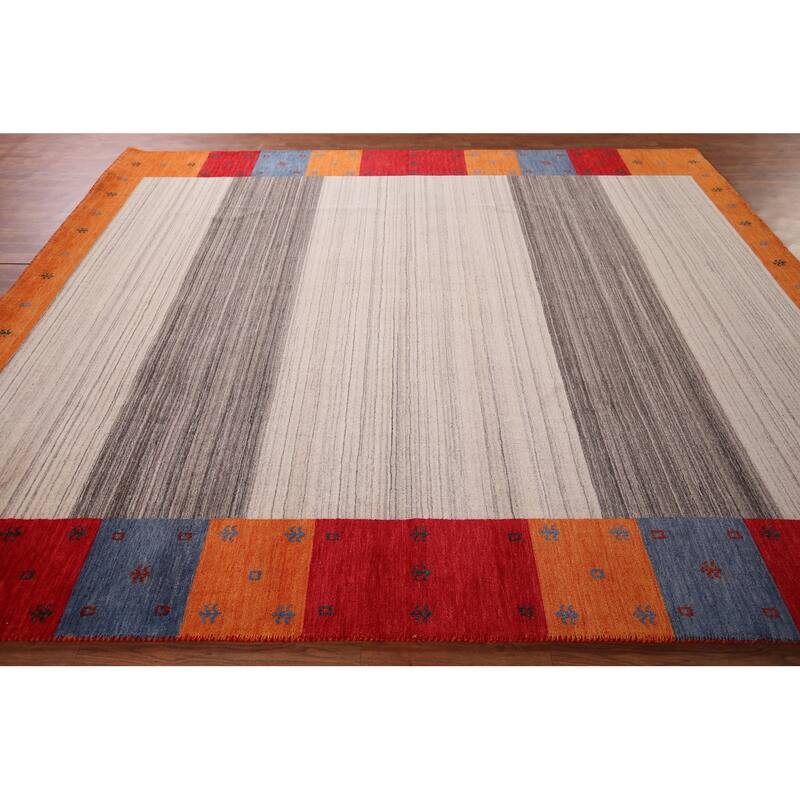 Striped Gabbeh Indian Area Rug Hand-Knotted Tribal Wool Carpet - 8'5"x 9'9"