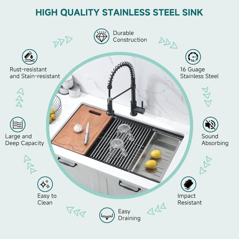CB HOME 32'' Gold Undermount & Drop in Double Bowl Kitchen Sink, 50/50 Black /Stainless Steel Kitchen Sink with Accessories