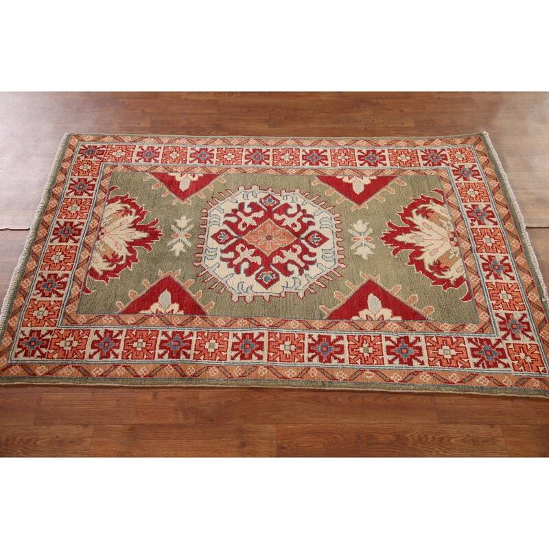 Geometric Green Kazak Oriental Accent Rug Handmade Wool Carpet - 3'3"x 5'1"