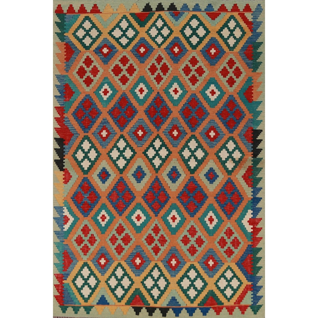 Hand Woven Oriental 100% Wool Carpet Southwestern Geometric Oranges & Rust Kilim Area Rug - 8' 6'' X 5' 7''
