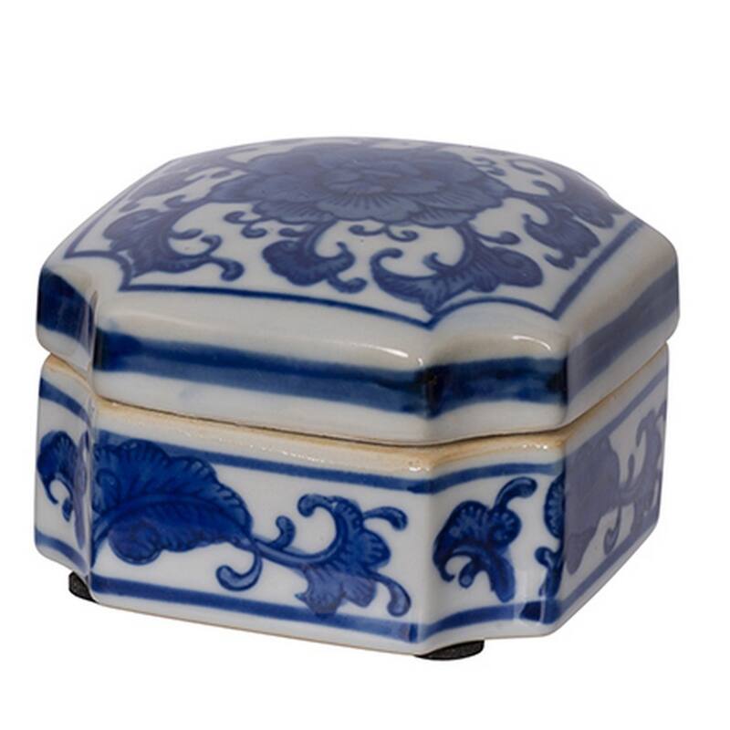 Set of 3 Decorative Boxes, White and Blue Porcelain Pottery, Floral Designs
