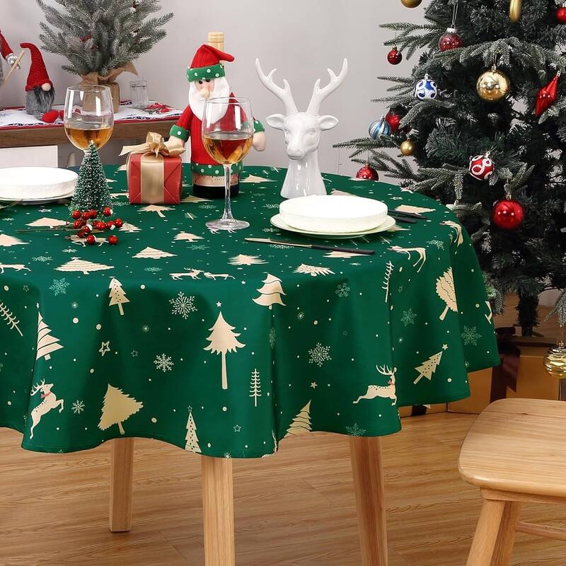 Christmas Round Tablecloth Waterproof Holiday Xmas Decor, Green