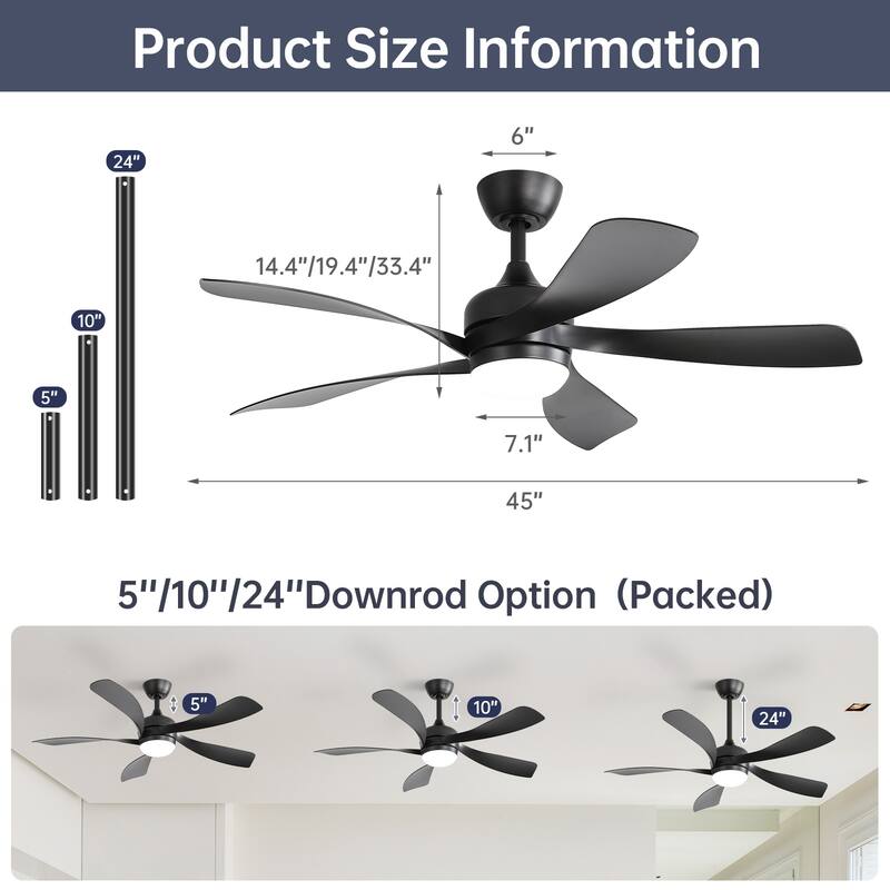 45 Inch Matte Smart Ceiling Fan with DC Motor Alexa APP Control Quiet Reversible Operation Dimmable Lighting and Timer