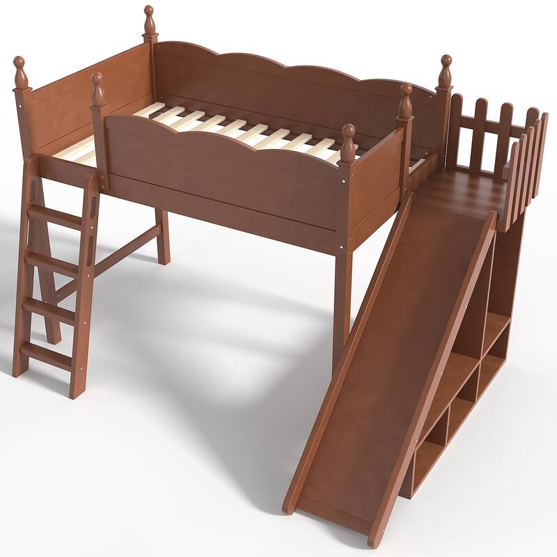 Twin Loft Bed with Storage Shelves and Wardrobe, Solid Wood Loft Beds with Detachable Slide and Ladders, No Spring Box Needed