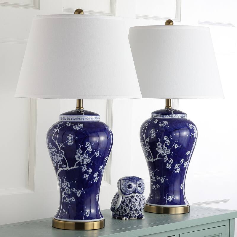 SAFAVIEH Lighting Tiffani Blue Blossom Ceramic Table Lamp (Set of 2) - 17" x 17" x 29" - 17Wx17Dx29H