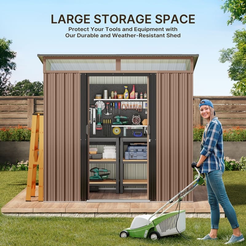 6' x 4' / 8' x 6' Outdoor Storage Shed, Galvanized Metal Garden Shed with Double Lockable Doors - Brown - 6'x4'