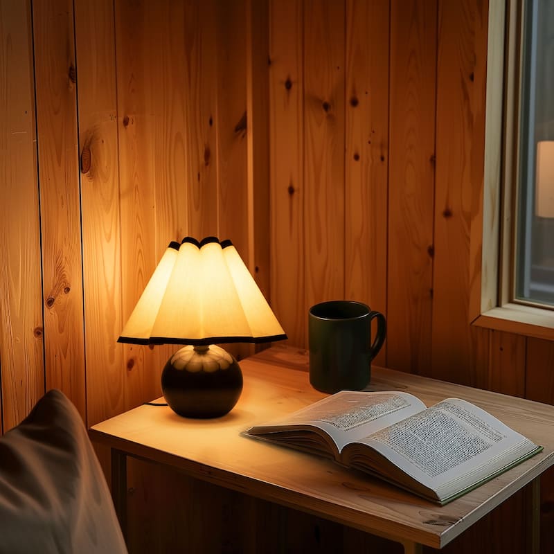 Brightech Blair 10.08 in. Polished Black Midcentury LED Globe Bedside Desk Table Lamp with White Cotton Empire Shade