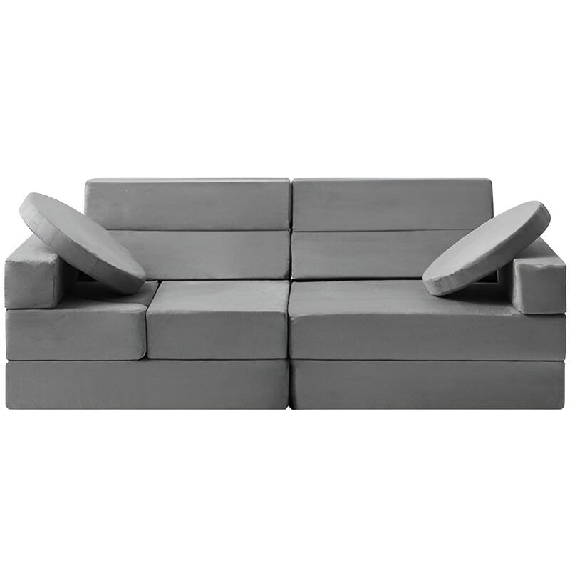 Pure Grey Velvet Modular Kids Sofa with Safe Zippers and 30 Combos - 53.1“L x 26.4” W x 18.5” H