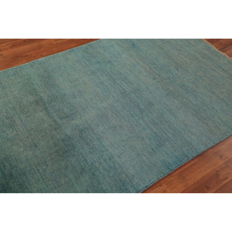 Gabbeh Modern Rug Hand-Knotted Stripe Blue Wool Carpet - 3'10" x 5'10"