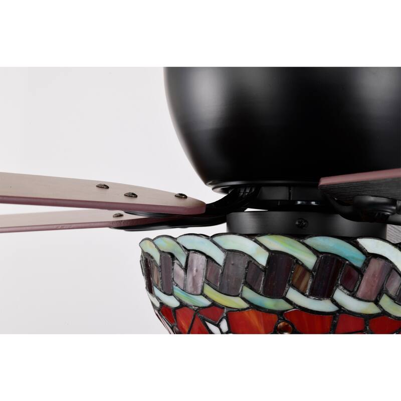 Chergo 52-Inch Flushmount Lighted Ceiling Fan Red Flower Tiffany Glass Lamp Black Finish