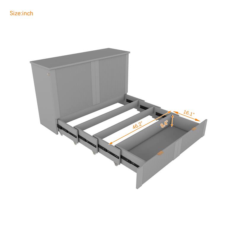 Gray Full Size Murphy Bed with Pulley Design, Drawer, and USB