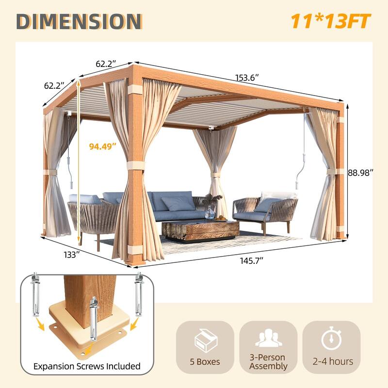 EROMMY Outdoor Louvered Pergola Gazebo with Adjustable Aluminum Rainproof Roof and Pull-Down Screen