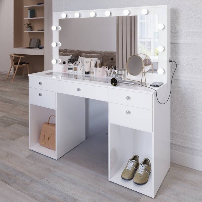 Hollywood Large Makeup Vanity Desk with 12 Light Bulbs; Modern Dressing Table with Multiple Storage Drawers & Crystal Knobs
