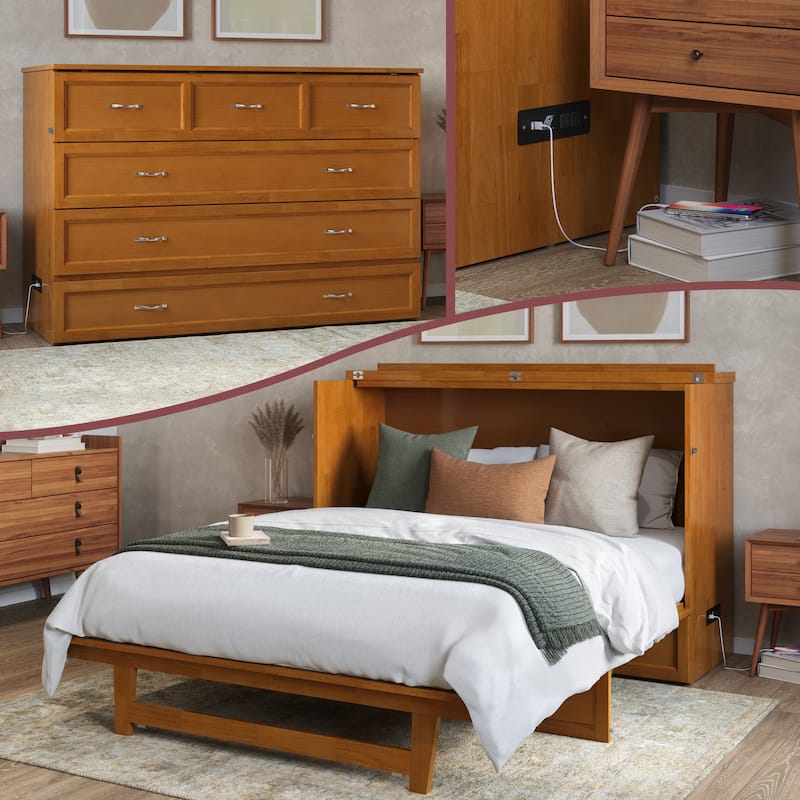 Northfield Queen Murphy Bed Chest with 6" Mattress, Storage Drawer & Built-In Charger in Light Toffee
