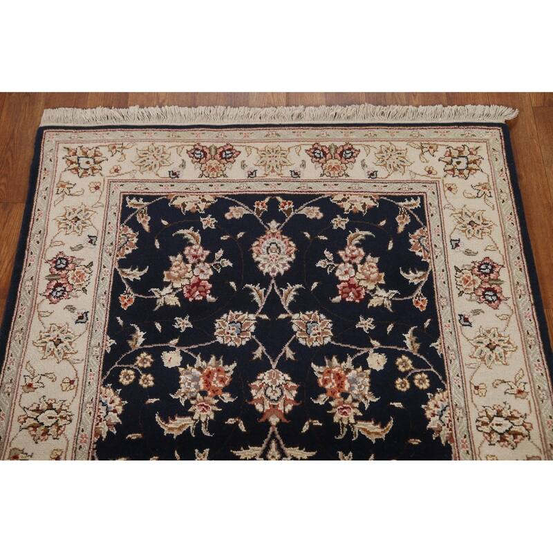 Hand Knotted Oriental Wool & Silk Carpet Traditional Floral Navy Blue & Blues Tabriz Area Rug - 4' 11'' X 3' 1''