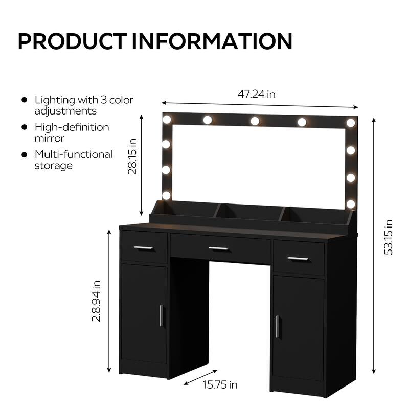 Modern Makeup Vanity with Mirror,3 Drawers & 2 Vertical Cabinets