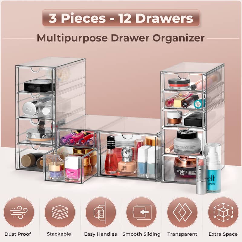 Sorbus Acrylic Cosmetic Makeup Organizer 12 Drawers Clear Stackable Storage Bins For Jewelry And Office Supplies Organizer- 3Pc
