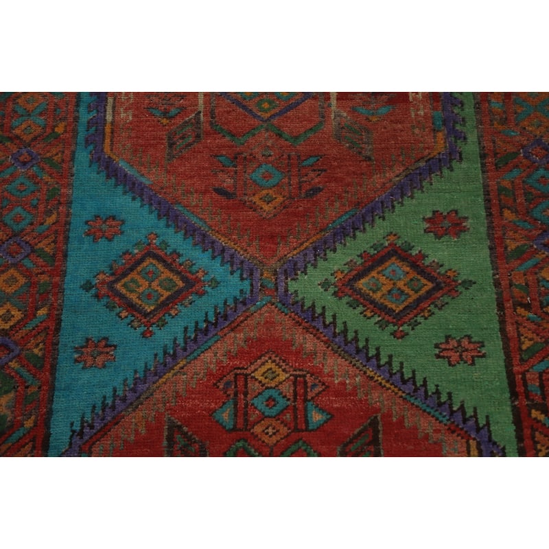 Hand Knotted Oriental 100% Wool Carpet Traditional Geometric Multi-Colored Heriz Runner Rug - 14' 1'' X 3' 9''