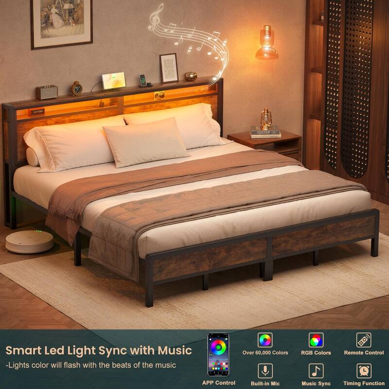 Farmhouse Wood Platform Bed Frame with Charged Station and LED Lights
