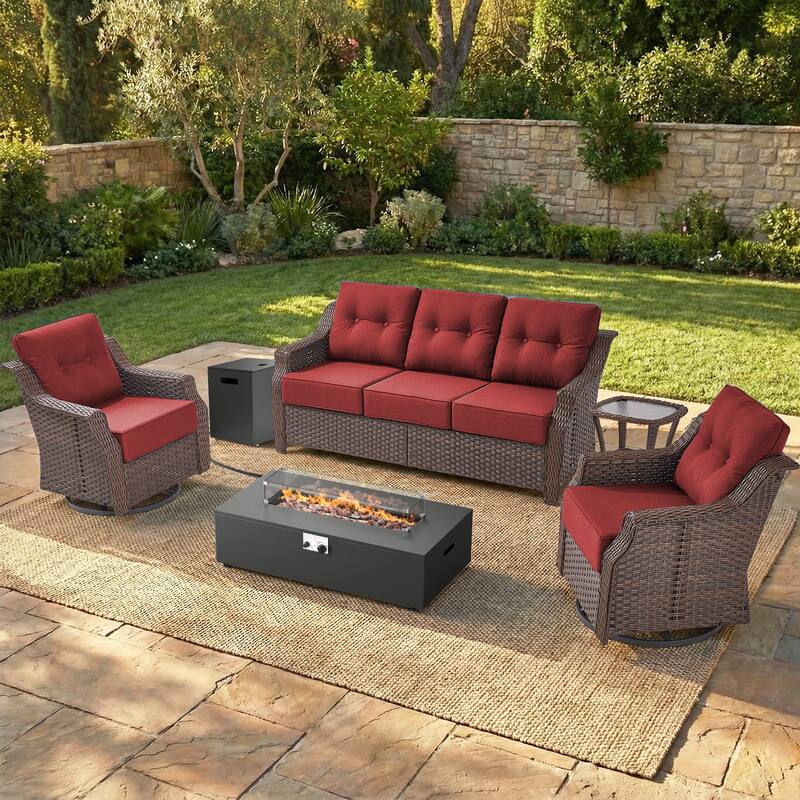 Pocassy Ptio 5 Piece Sofa Swivel Chair with Fire Pit Table - Brown Wicker Red Cushion - 5-Piece Sofa Swivel Chair with Fire Pit Table