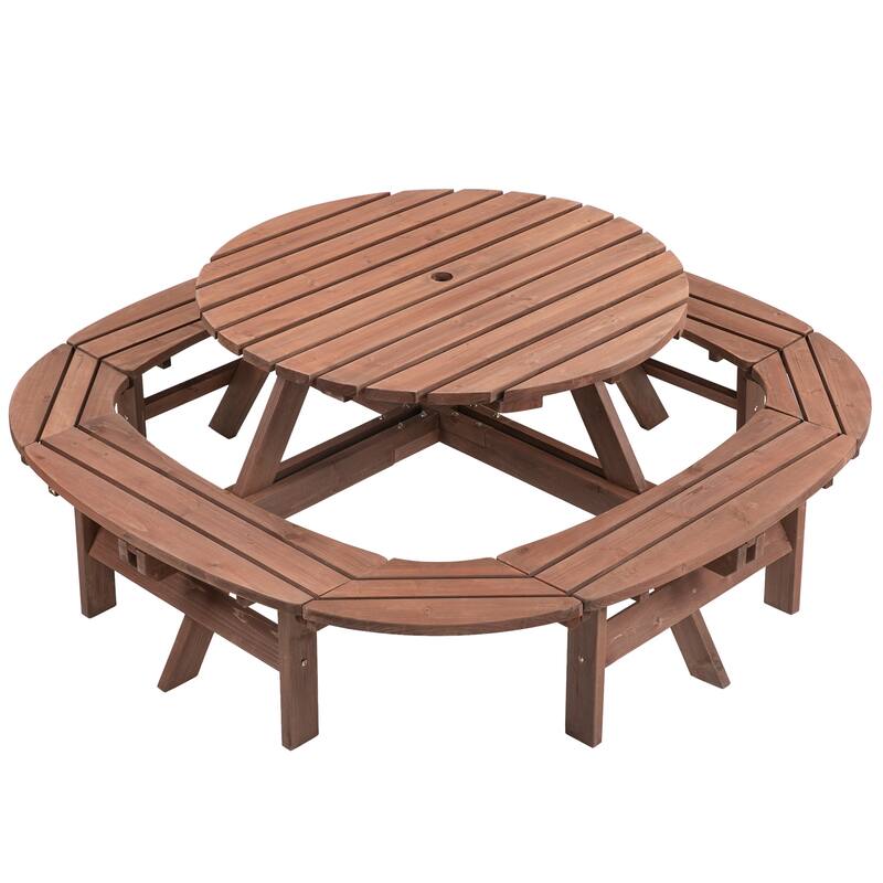 Round Wooden Outdoor Picnic Table with Ring Stools, Seats 10-12, 500 lb Capacity - 70.4" L x 70.4" W x 27.55"H